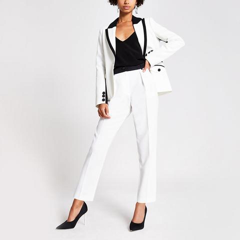 White Contrast Satin Waistband Peg Trousers