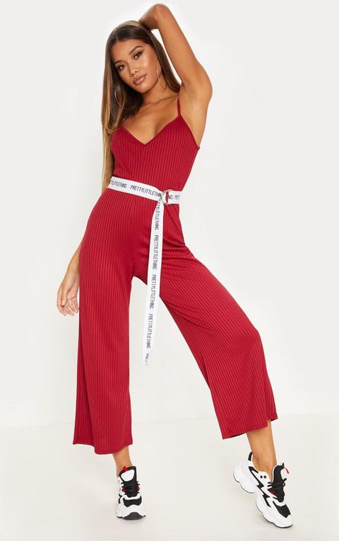 Deep Burgundy Ribbed V Neck Oversized Jumpsuit, Deep Burgundy