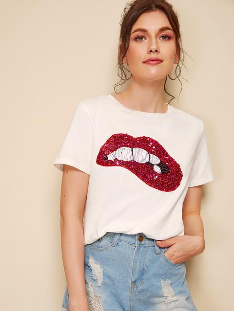 Camiseta Lentejuelas Labio-rojo