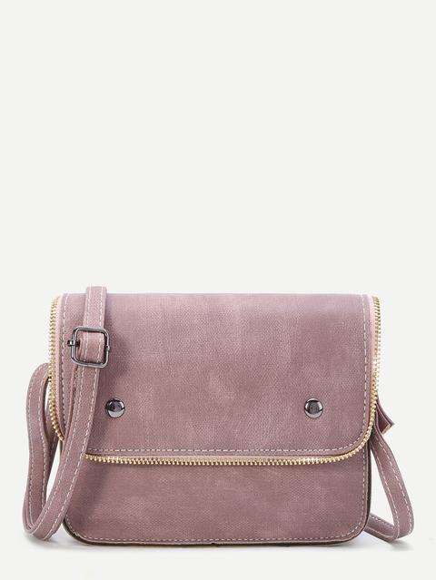 Pink Faux Leather Zip Trim Flap Satchel Bag