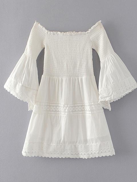 Boat Neckline Bell Sleeve Crochet Trim Dress