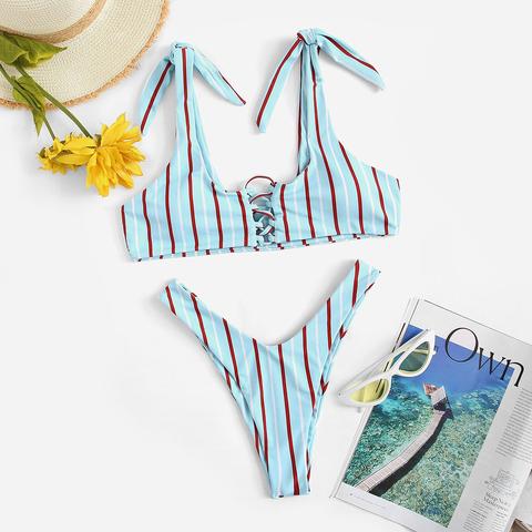 Set Bikini Top A Righe Con Lacci E Taglio Alto