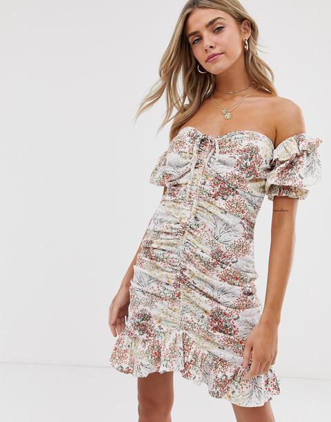 Asos Design Bardot Ruched Floral Print Mini Sundress-multi