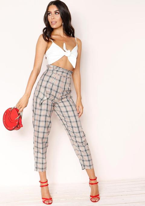 Dusty Beige Checked High Waist Trousers