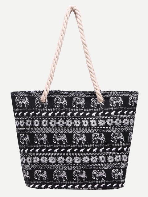 Black Elephant Print Canvas Tote Bag