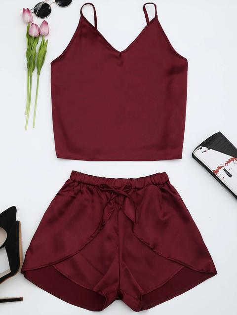 Top Cami E Pantaloncini A Due Pezzi In Raso Golden Wine Red