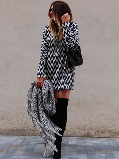 Vestito Stampa Geometrica Con Maniche Lunghe - Nero E Bianco