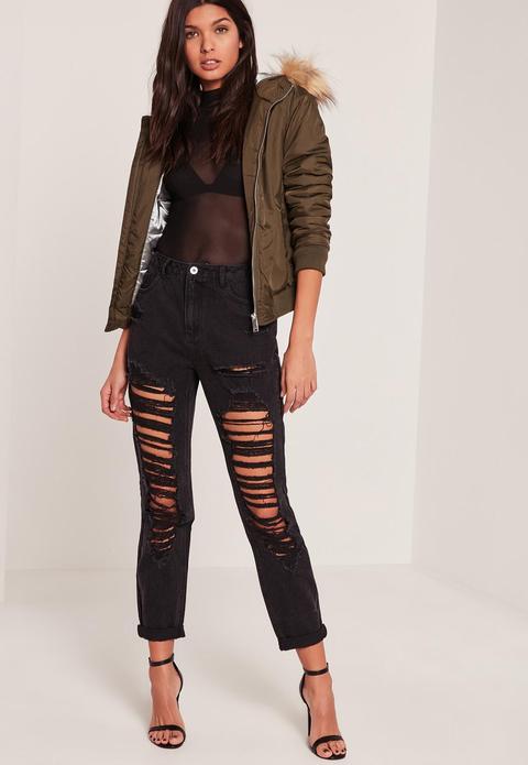 Black Riot High Rise Ripped Mom Jeans