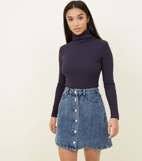 Petite Blue Acid Wash Button Front 