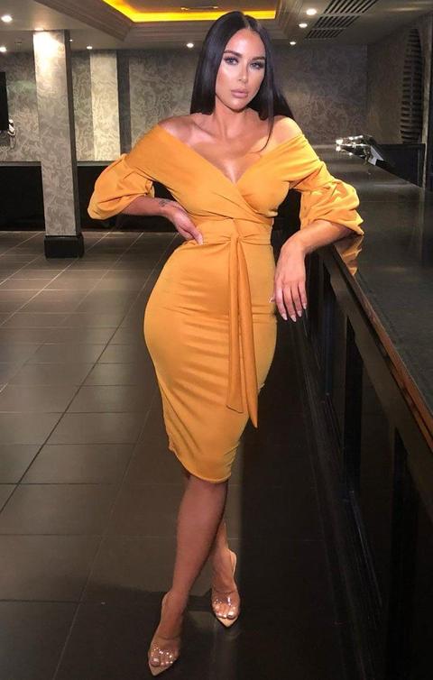 Mustard Belted Bodycon Midi Wrap Dress - Angelica