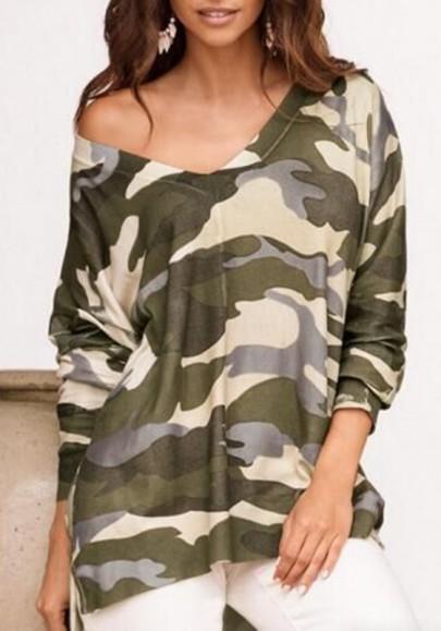 Camiseta V-cuello Manga Larga Casuales Suelto Camuflaje Verde