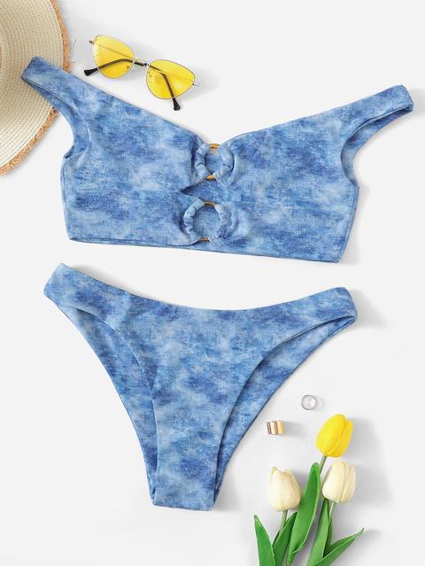 Set Bikini Con Scollo A Barchetta E Stampata In Denim