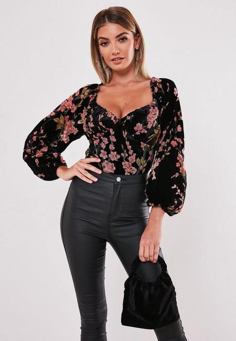 Black Velvet Floral Devore Milkmaid Bodysuit, Black