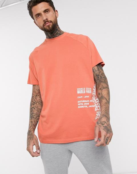 Camiseta Larga Extragrande De Algodón Orgánico Con Manga Raglán Y Estampado De Texto De Asos Design-naranja