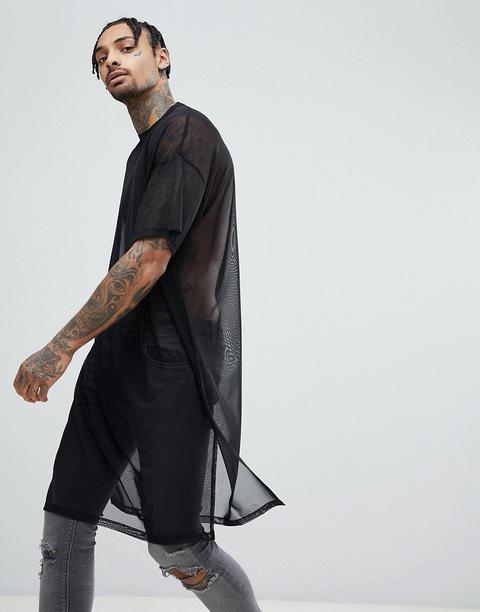 Asos Design - T-shirt Molto Lunga Nera In Rete Con Spacchi Laterali - Nero