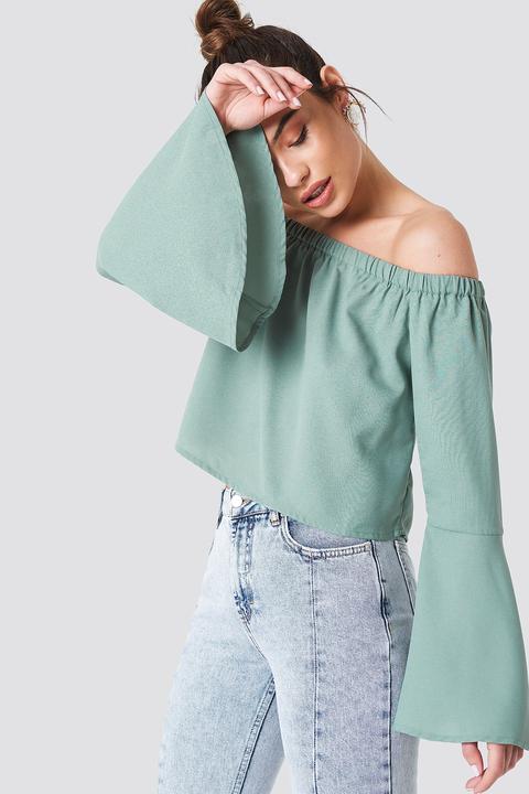 Off Shoulder Woven Wide Sleeve Top Dusty Green