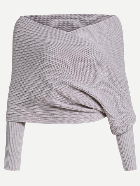 Grey Off The Shoulder Cross Wrap Sweater