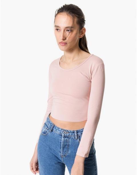 Camiseta Crop Liso Manga Larga Rosa