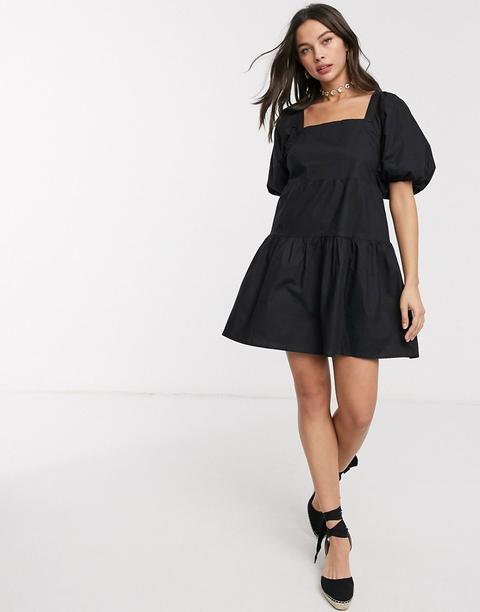 Influence Puff Sleeve Tiered Square Neck Mini Smock Dress In Black