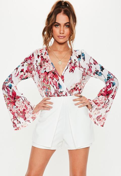 Pink Floral Plisse Long Sleeve Bodysuit