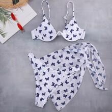 3 Piezas Bañador Bikini Con Aro Con Estampado De Mariposa Con Cover Up