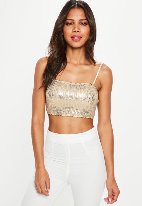 Cream Sequin Strappy Crop Top