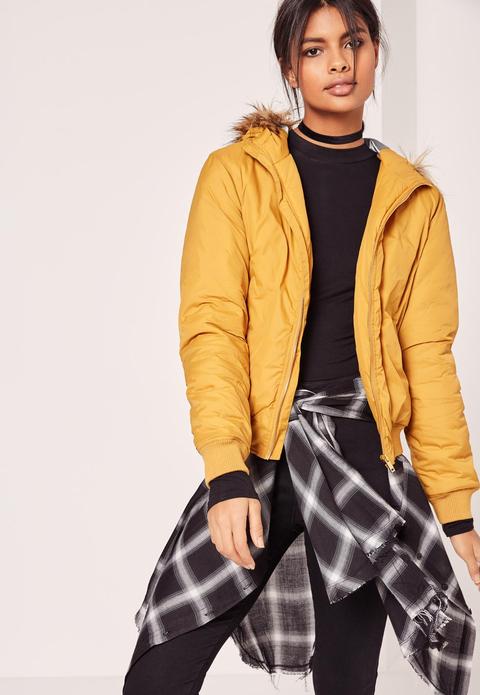 Faux Fur Hood Padded Bomber Jacket Yellow