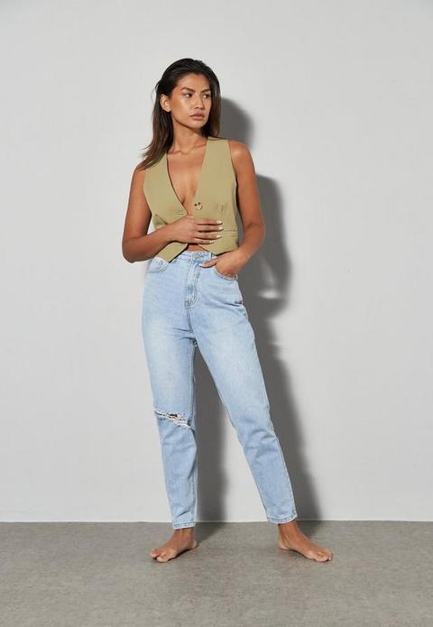 Light Blue High Waisted Ripped Mom Jeans, Blue