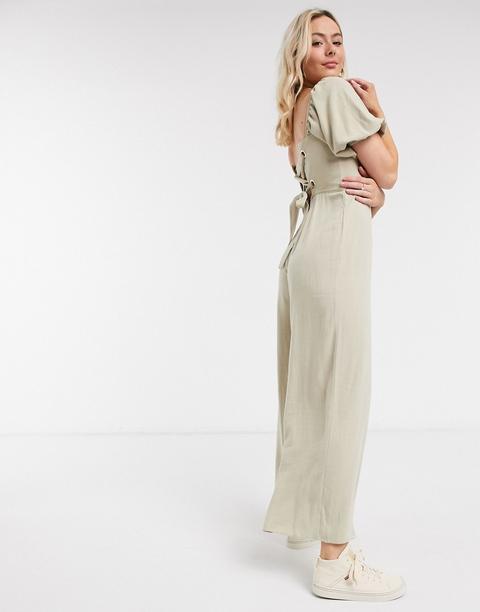 Asos Design - Combinaison En Lin À Encolure Carrée Nouée - Crème-blanc