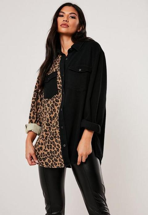Black super oversized leopard print panel shirt Clearance