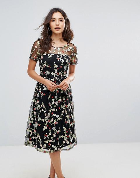 Vestido Midi Con Mangas Transparentes Y Bordado Floral De Liquorish
