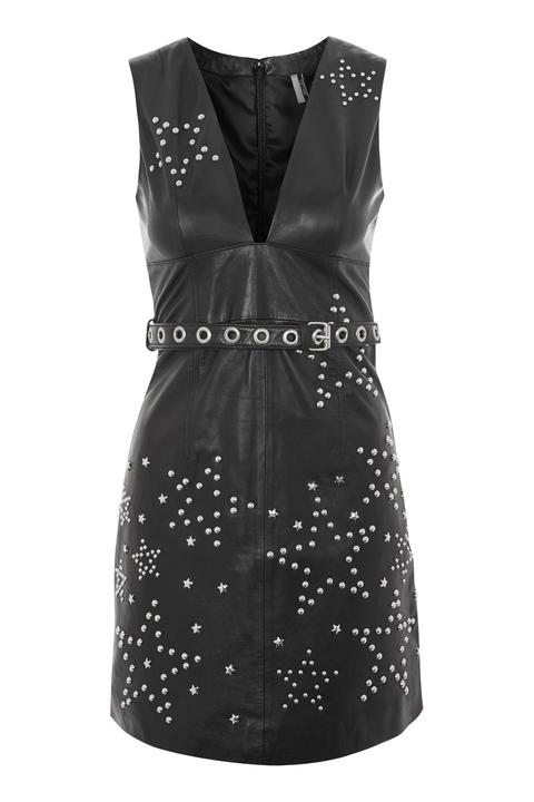 Womens **star Studded Leather Mini Shift Dress - Black, Black