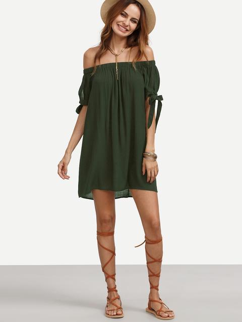 Split Self Tie Sleeve Crinkle Off Shoulder Dress