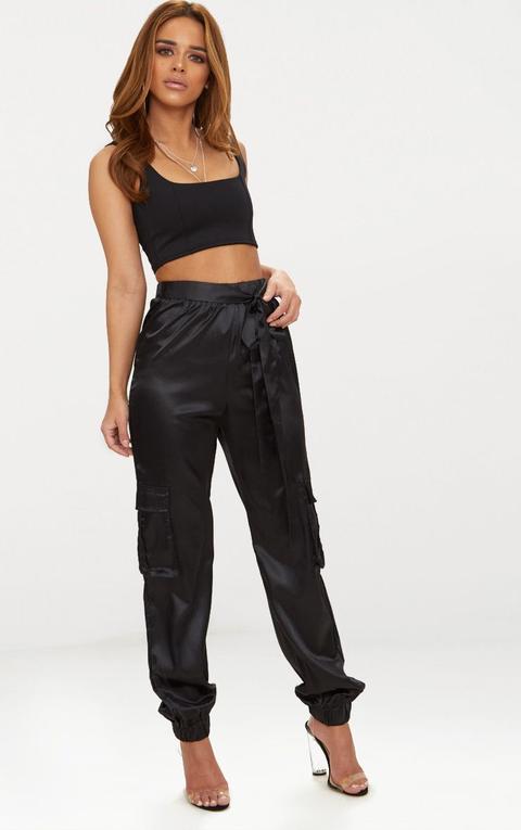 Petite Black Satin Cargo Trousers