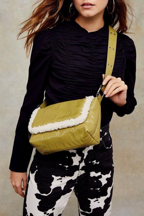 Olive Vinyl And Borg Shoulder Bag
