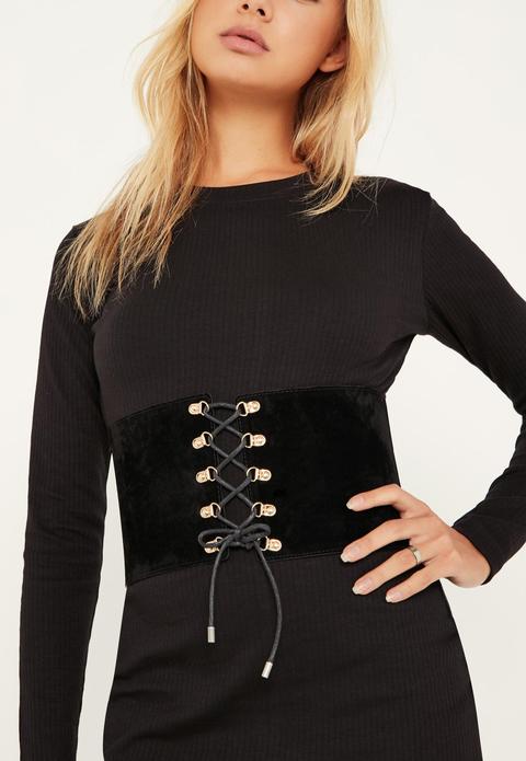 Black Faux Suede Lace Up Corset Belt