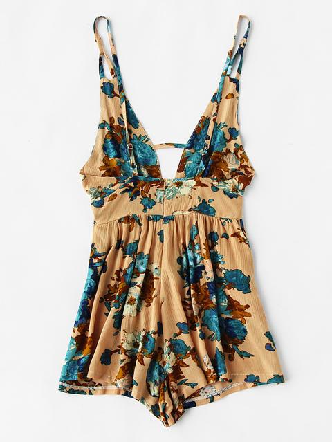 Plunging V-neckline Floral Print Random Backless Cami Romper