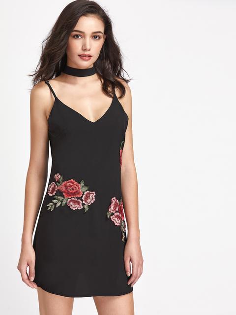 Rose Appliques Self Tie Slip Dress