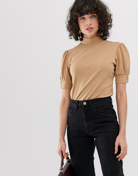 Lost Ink High Neck Top With Puff Sleeve In Rib - Brown