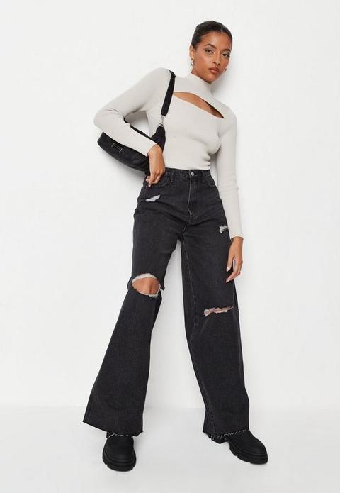 Black Knee Rip Baggy Boyfriend Jeans, Black