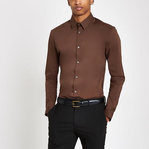 Brown Poplin Muscle Fit Long Sleeve Shirt