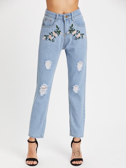 Floral Embroidered Destroyed Jeans