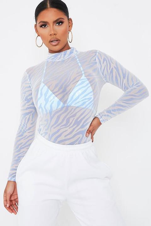 Pastel Blue Burnout Mesh Zebra Print Long Sleeve Bodysuit , Blue