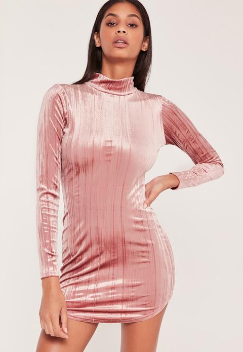 Pleated Velvet Curve Hem Bodycon Dress Pink