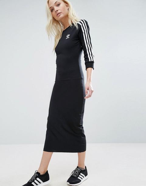 Adidas Originals - Vestito Midi Con Tre Strisce Nero - Nero