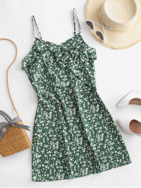 Zaful Ruffles Ditsy Floral Cami Mini Dress Shamrock Green