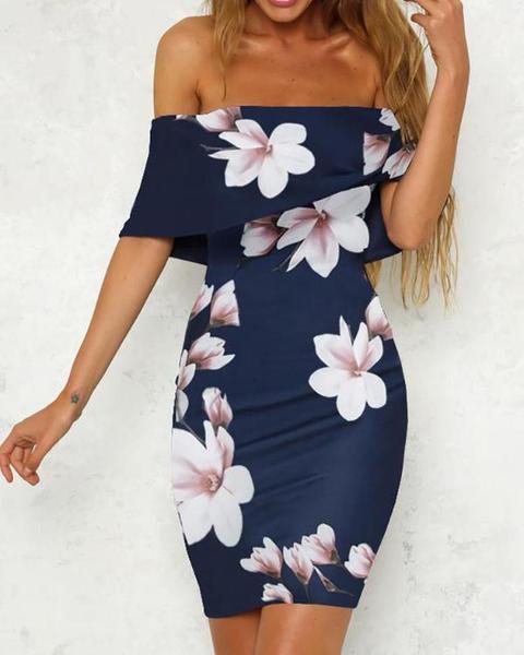 Floral Ruffled Off Shoulder Bodycon Dress