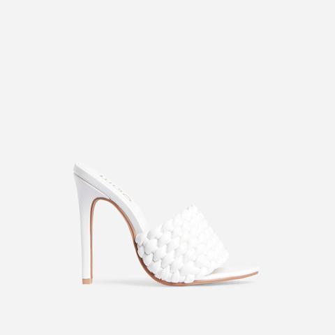 Twisted Woven Detail Peep Toe Heel Mule In White Faux Leather, White