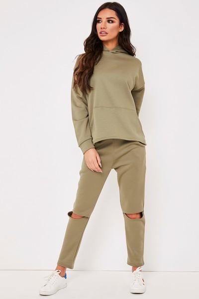 Olivia Khaki Knee Cut Out Loungewear Set