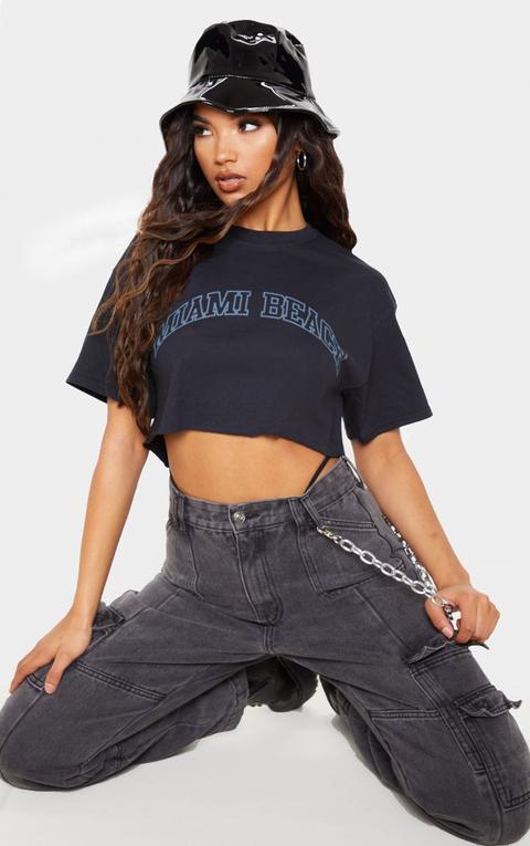 Black Miami Beach Slogan Crop T Shirt